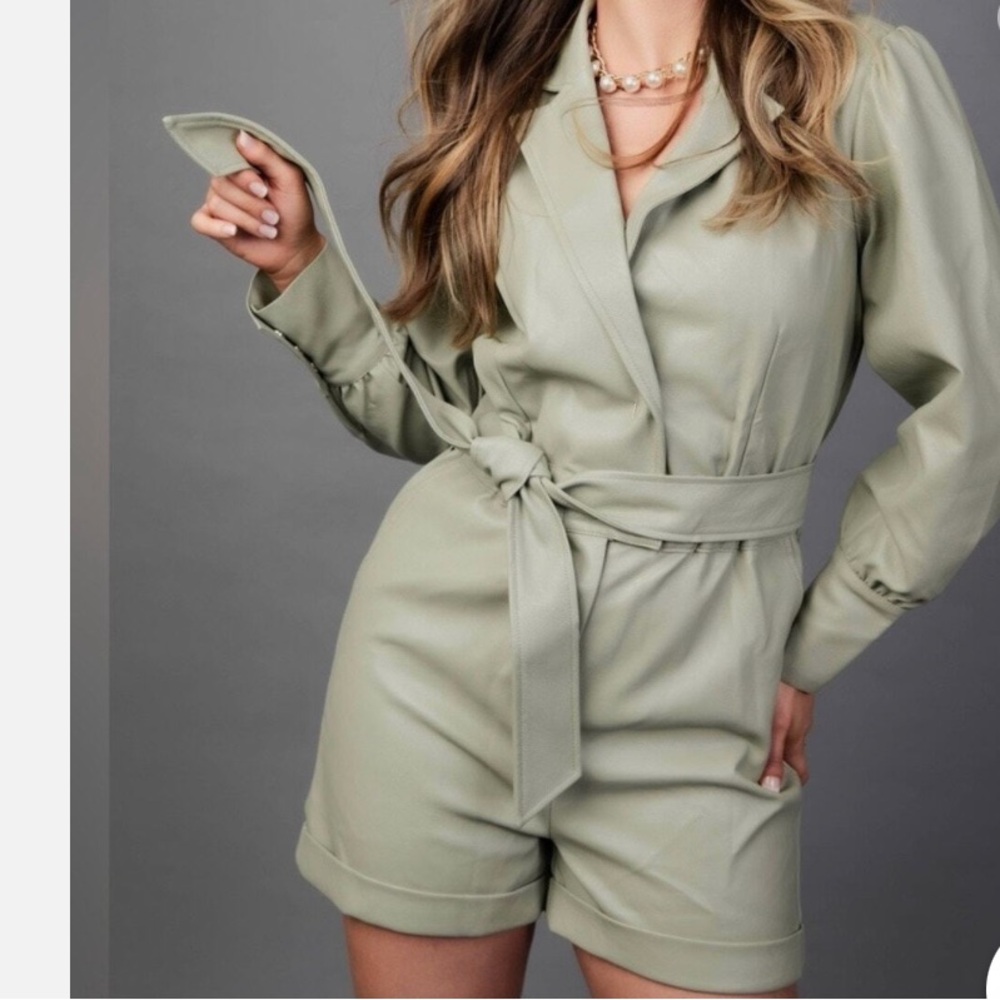 7 For All Mankind Sage Green Long-Sleeve Tie-Waist Romper